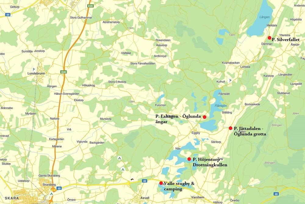 Karta över Vallebygden med Silverfallet, Höjentorps slottsruin, Eahagen och Öglunda grotta