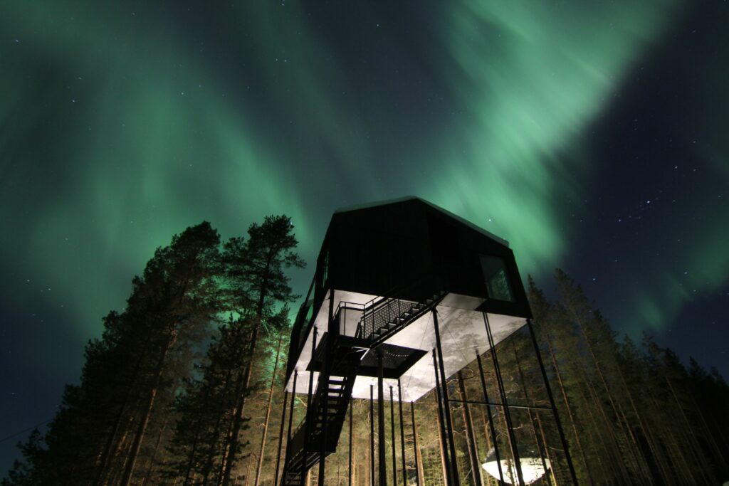 Norrsken (aurora borealis) vid Tree Hotel