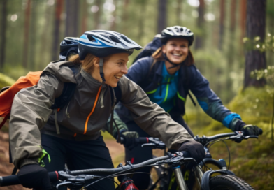 Lyckligt par cyklar mountainbike i svensk skog