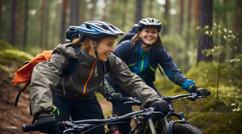 Lyckligt par cyklar mountainbike i svensk skog